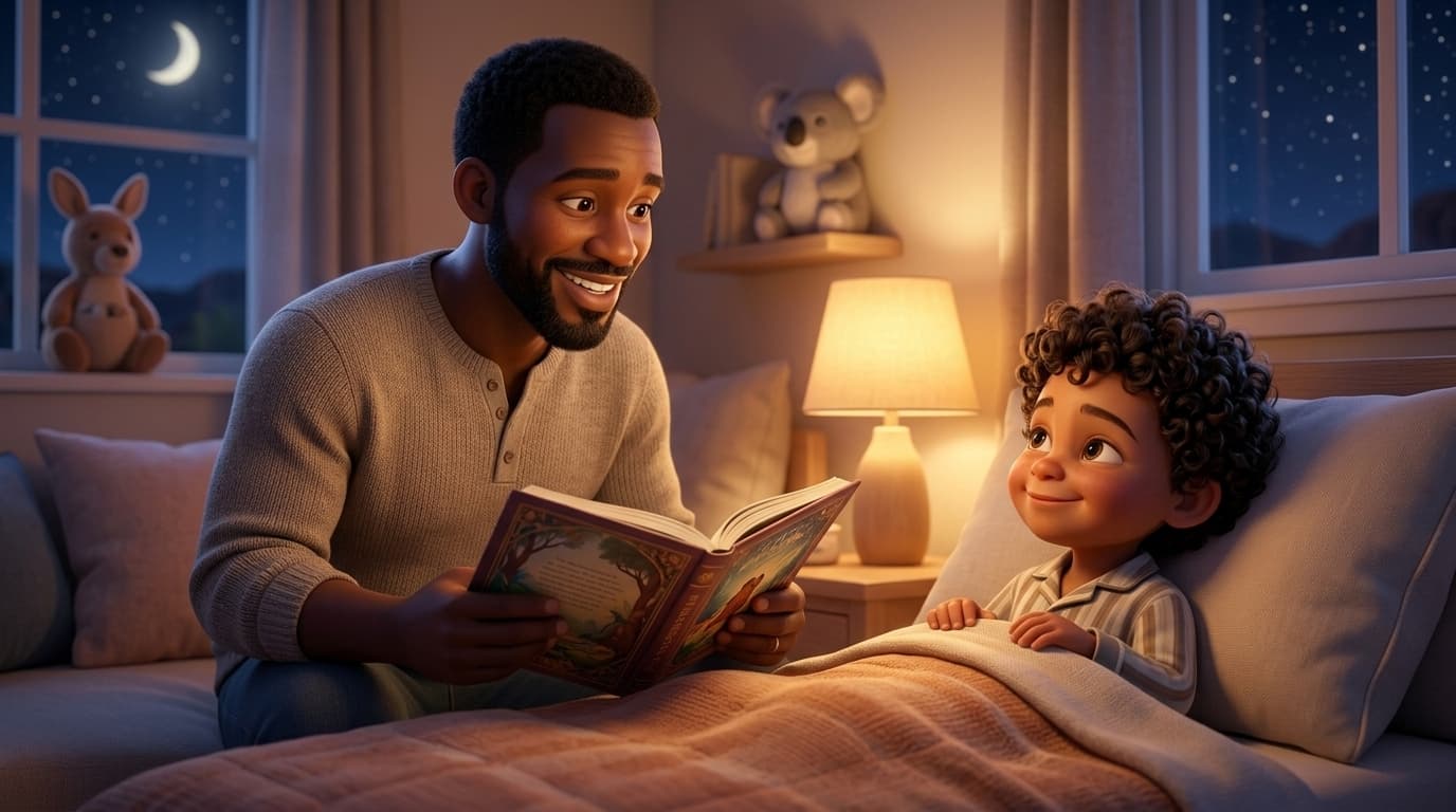 A father reading a bedtime story to his son in a cozy bedroom